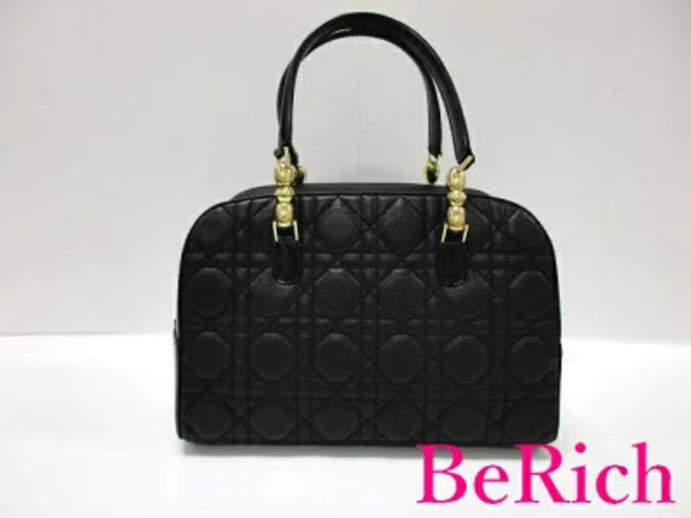 Christian Dior Cannage Maris Pearl Boston Bag Black Leather CD Stitching Quilted